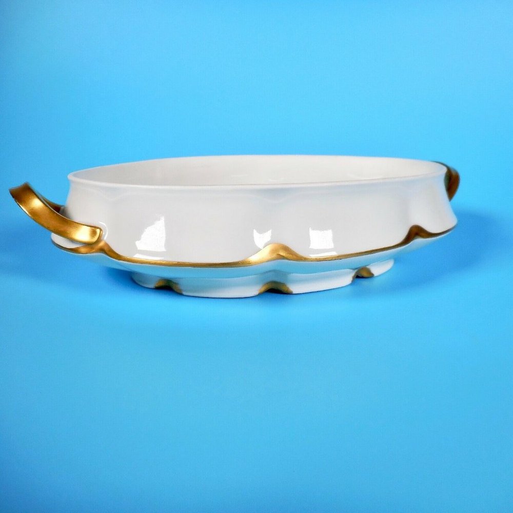 Haviland Limoges Antique Oval Casserole Dish White Gilt Gold France NO LID